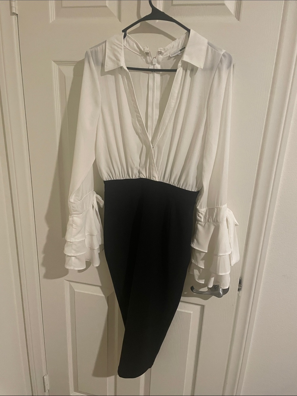 Fashion Nova White and Black Long-Sleeve Ruffle Cuff Dress